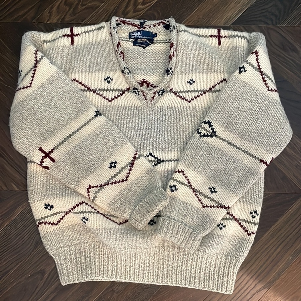 Polo Ralph Lauren 100% Wool Hand Knit Sweater Gray/Ivory/Red/Black L - Picture 9 of 9